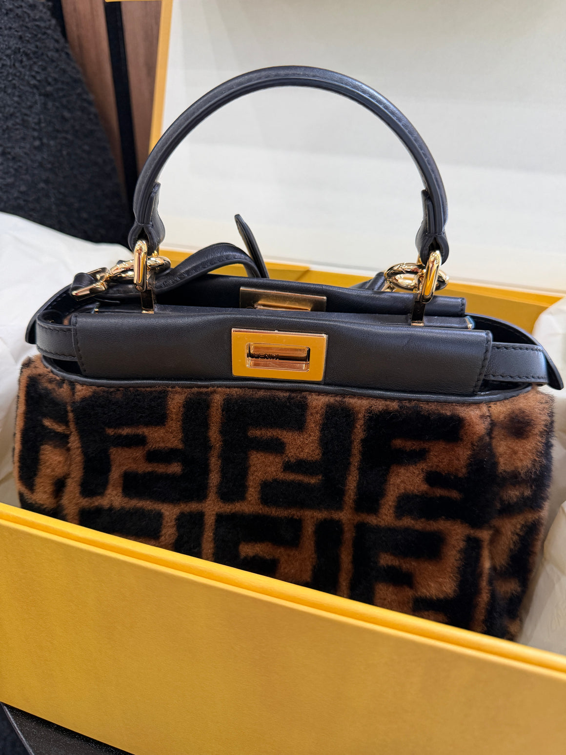 Fendi Shearling Nappa Macro FF 1974 Mini Peekaboo Tobacco Black