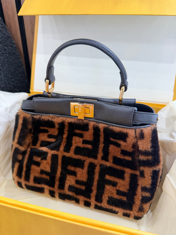 Fendi Shearling Nappa Macro FF 1974 Mini Peekaboo Tobacco Black