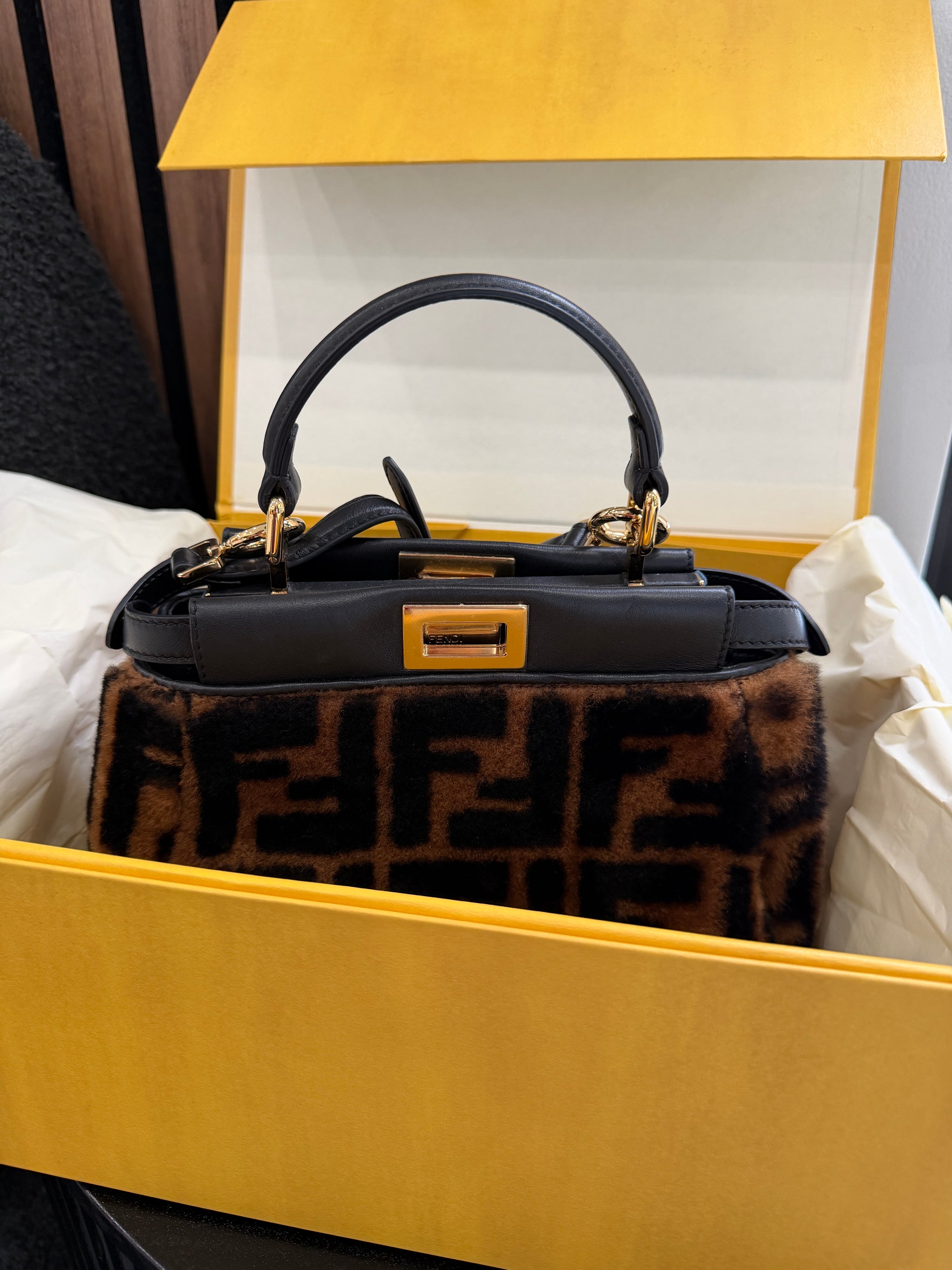 Fendi Shearling Nappa Macro FF 1974 Mini Peekaboo Tobacco Black