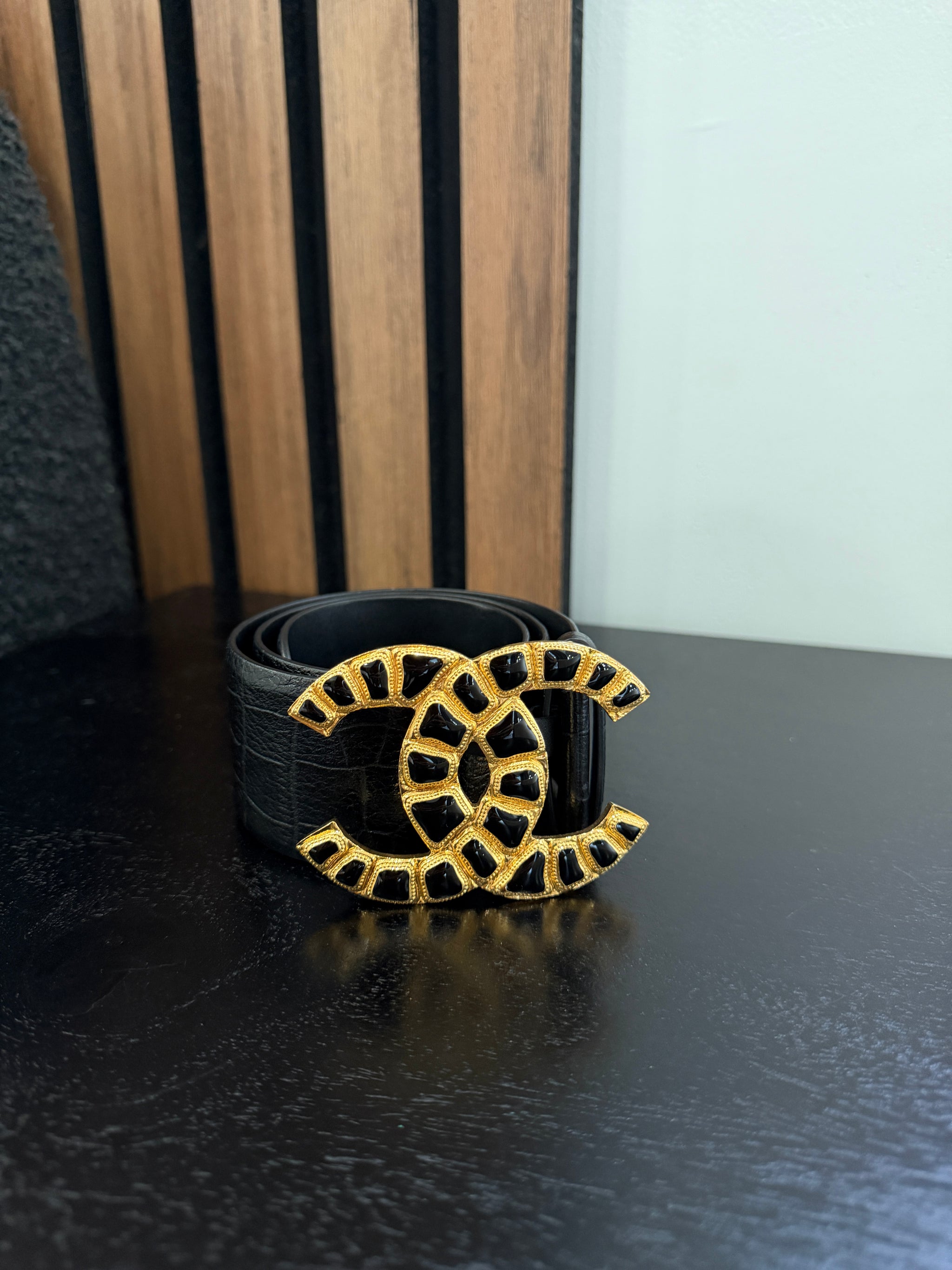 Chanel Patent Crocodile Affect Belt With Gold Hardware