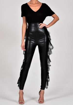 Black The Dolls House Fashion Vegan Leather Pants With Lace Detail