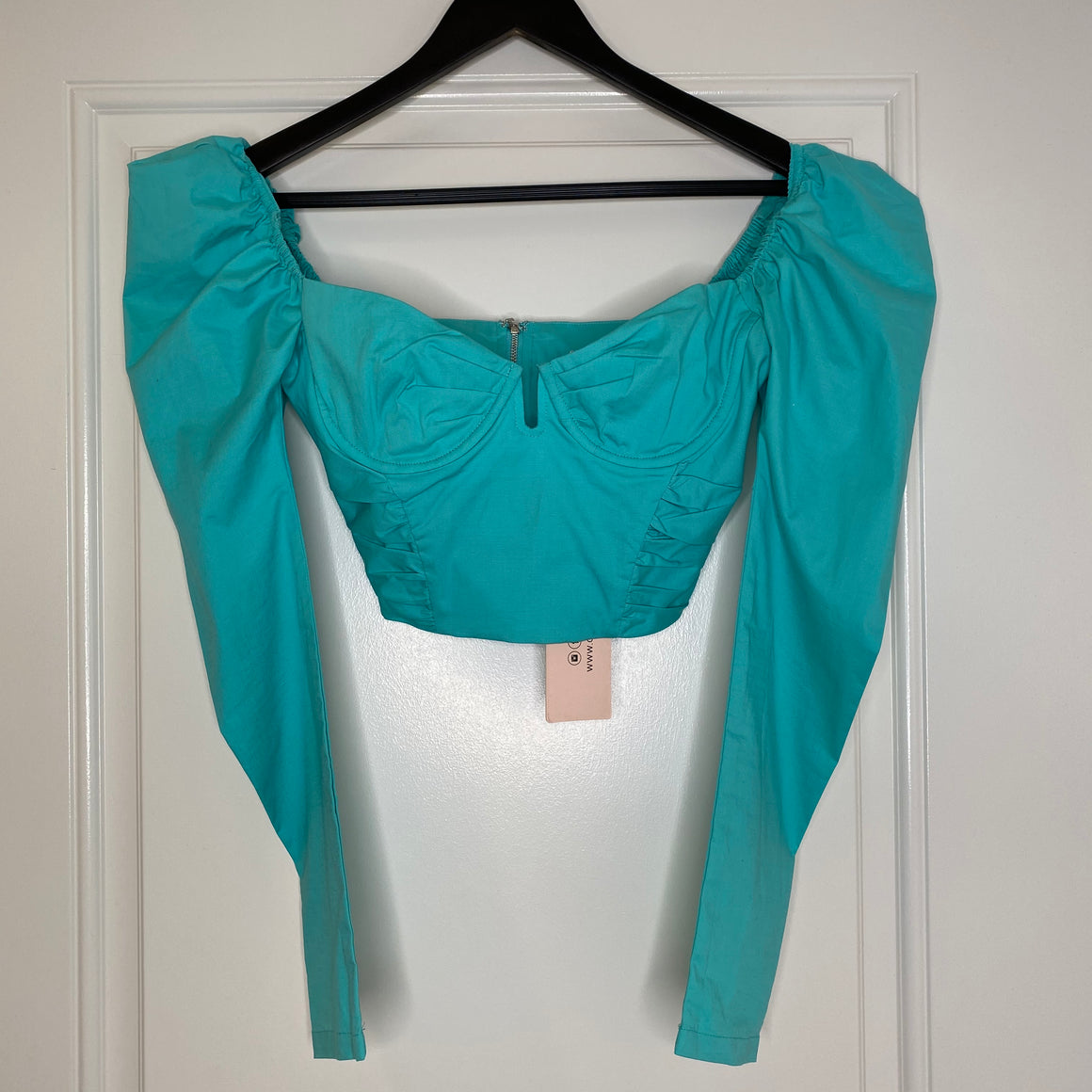 Turquoise Ohpolly Underwire Puff Sleeve Crop Top