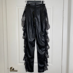 Black The Dolls House Fashion Vegan Leather Pants With Lace Detail