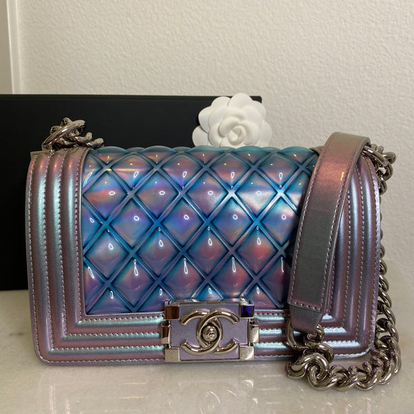 Chanel iridescent boy sales bag purple